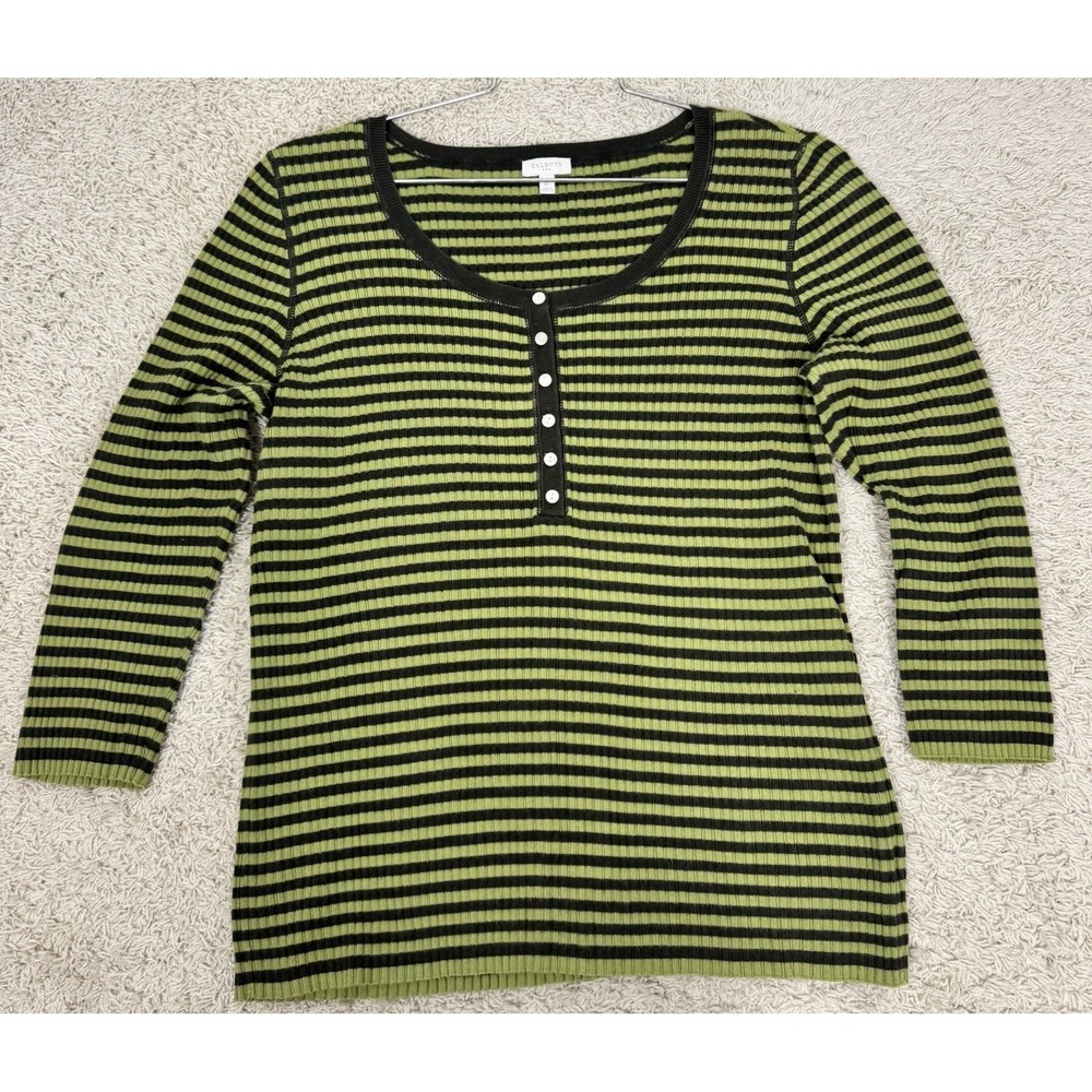 VTG Y2K Talbots Scoop Neck Henley Striped Ribbed Sweater Women's XL Stretch Work